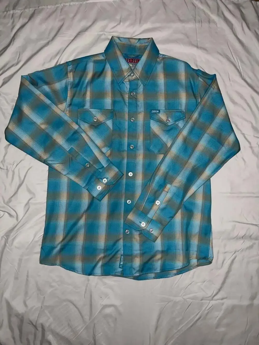 Dixxon Flannel Co. Men's A Cold One Blue and Tan Plaid Flannel Shirt - Picture 3 of 4